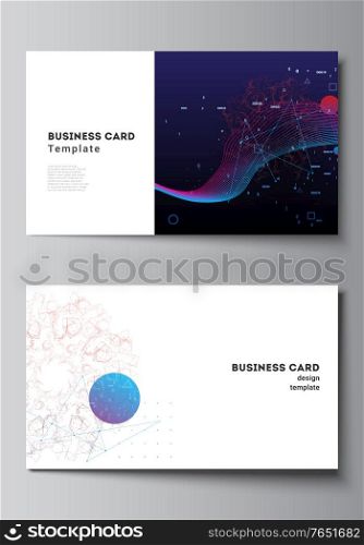 Vector layout of two creative business cards design templates, horizontal template vector design. Artificial intelligence, big data visualization. Quantum computer technology concept. Vector layout of two creative business cards design templates, horizontal template vector design. Artificial intelligence, big data visualization. Quantum computer technology concept.