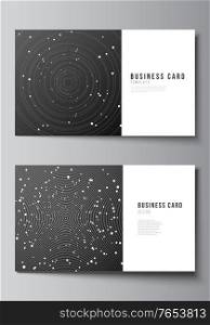 Vector layout of two creative business cards design templates, horizontal template vector design. Tech science future background, space design astronomy concept. Vector layout of two creative business cards design templates, horizontal template vector design. Tech science future background, space design astronomy concept.