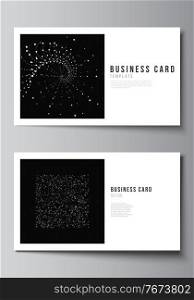 Vector layout of two creative business cards design templates, horizontal template vector design. Abstract technology black color science background. Digital data. Minimalist high tech concept. Vector layout of two creative business cards design templates, horizontal template vector design. Abstract technology black color science background. Digital data. Minimalist high tech concept.