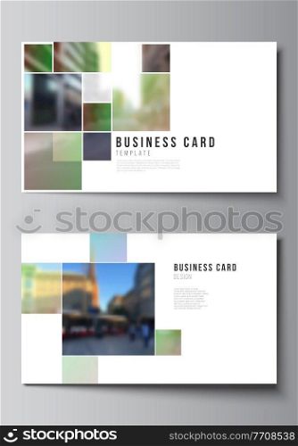 Vector layout of two creative business cards design templates, horizontal template vector design. Abstract project with clipping mask green squares for your photo. Vector layout of two creative business cards design templates, horizontal template vector design. Abstract project with clipping mask green squares for your photo.