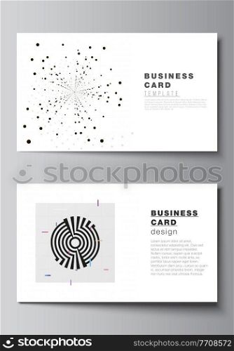 Vector layout of two creative business cards design templates, horizontal template vector design. Black color technology background. Digital visualization of science, medicine, technology concept. Vector layout of two creative business cards design templates, horizontal template vector design. Black color technology background. Digital visualization of science, medicine, technology concept.