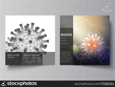 Vector layout of two square cover templates for brochure, magazine, cover design, book design, brochure cover. 3d medical background of corona virus. Covid 19, coronavirus infection. Virus concept. Vector layout of two square cover templates for brochure, magazine, cover design, book design, brochure cover. 3d medical background of corona virus. Covid 19, coronavirus infection. Virus concept.