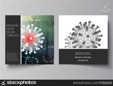 Vector layout of two square cover templates for brochure, magazine, cover design, book design, brochure cover. 3d medical background of corona virus. Covid 19, coronavirus infection. Virus concept. Vector layout of two square cover templates for brochure, magazine, cover design, book design, brochure cover. 3d medical background of corona virus. Covid 19, coronavirus infection. Virus concept.