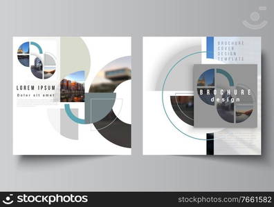 Vector layout of two square covers design template for brochure, flyer, magazine, cover design, book, brochure cover. Background with abstract circle round banners. Corporate business concept template.. Vector layout of two square covers design template for brochure, flyer, magazine, cover design, book, brochure cover. Background with abstract circle round banners. Corporate business concept template