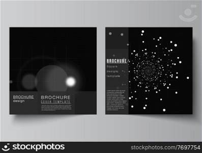 Vector layout of two square covers design templates for brochure, flyer, cover design, brochure cover. Black color technology background. Digital visualization of science, medicine, tech concept. Vector layout of two square covers design templates for brochure, flyer, magazine, cover design, book design.Black color technology background. Digital visualization of science, medicine, tech concept