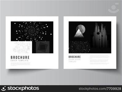 Vector layout of two square covers design templates for brochure, flyer, cover design, brochure cover. Black color technology background. Digital visualization of science, medicine, tech concept. Vector layout of two square covers design templates for brochure, flyer, magazine, cover design, book design.Black color technology background. Digital visualization of science, medicine, tech concept