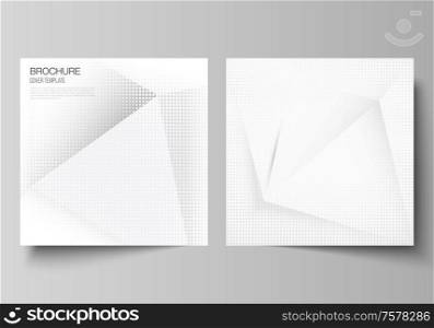 Vector layout of two square covers design templates for brochure, flyer, magazine, cover design, book design, brochure cover. Halftone dotted background with gray dots, abstract gradient background. Vector layout of two square covers design templates for brochure, flyer, magazine, cover design, book design, brochure cover. Halftone dotted background with gray dots, abstract gradient background.