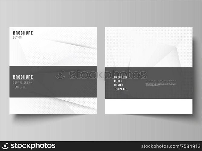 Vector layout of two square covers design templates for brochure, flyer, magazine, cover design, book design, brochure cover. Halftone effect decoration with dots. Dotted pop art pattern decoration. Vector layout of two square covers design templates for brochure, flyer, magazine, cover design, book design, brochure cover. Halftone effect decoration with dots. Dotted pop art pattern decoration.