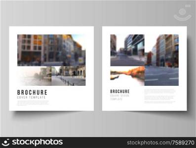 Vector layout of two square covers design templates for brochure, flyer, magazine, cover design, book design, brochure cover. Abstract halftone effect decoration with dots. Dotted pattern decoration. Vector layout of two square covers design templates for brochure, flyer, magazine, cover design, book design, brochure cover. Abstract halftone effect decoration with dots. Dotted pattern decoration.