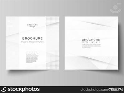 Vector layout of two square covers design templates for brochure, flyer, magazine, cover design, book design, brochure cover. Halftone dotted background with gray dots, abstract gradient background. Vector layout of two square covers design templates for brochure, flyer, magazine, cover design, book design, brochure cover. Halftone dotted background with gray dots, abstract gradient background.