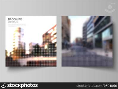 Vector layout of two square covers design templates for brochure, flyer, magazine, cover design, book design, brochure cover. Abstract halftone effect decoration with dots. Dotted pattern decoration. Vector layout of two square covers design templates for brochure, flyer, magazine, cover design, book design, brochure cover. Abstract halftone effect decoration with dots. Dotted pattern decoration.