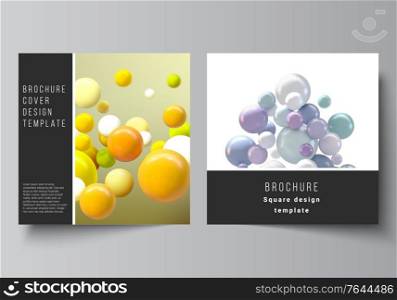 Vector layout of two square covers templates for brochure, flyer, cover design, book design, brochure cover. Abstract vector futuristic background with colorful 3d spheres, glossy bubbles, balls. Vector layout of two square covers templates for brochure, flyer, cover design, book design, brochure cover. Abstract vector futuristic background with colorful 3d spheres, glossy bubbles, balls.