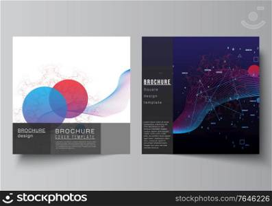 Vector layout of two square covers templates for brochure, flyer, cover design, book design, brochure cover. Artificial intelligence, big data visualization. Quantum computer technology concept. Vector layout of two square covers templates for brochure, flyer, cover design, book design, brochure cover. Artificial intelligence, big data visualization. Quantum computer technology concept.