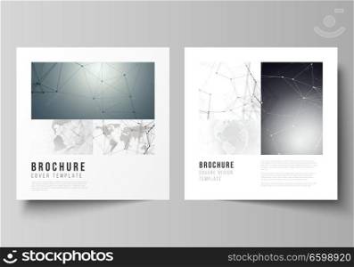 Vector layout of two square format covers design templates for brochure, flyer. Futuristic design with world globe, connecting lines and dots. Global network connections, technology digital concept. Vector layout of two square format covers design templates for brochure, flyer. Futuristic design with world globe, connecting lines and dots. Global network connections, technology digital concept.