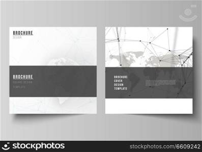 Vector layout of two square format covers design templates for brochure, flyer. Futuristic design with world globe, connecting lines and dots. Global network connections, technology digital concept. Vector layout of two square format covers design templates for brochure, flyer. Futuristic design with world globe, connecting lines and dots. Global network connections, technology digital concept.