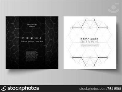 Vector layout of two square format covers design templates for brochure, flyer. Digital technology and big data concept with hexagons, connecting dots and lines, polygonal science medical background. Vector layout of two square format covers design templates for brochure, flyer. Digital technology and big data concept with hexagons, connecting dots and lines, polygonal science medical background.