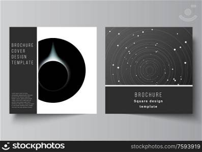 Vector layout of two square format covers design templates for brochure, flyer, magazine, cover design, book design, brochure cover. Tech science future background, space astronomy concept. Vector layout of two square format covers design templates for brochure, flyer, magazine, cover design, book design, brochure cover. Tech science future background, space astronomy concept.