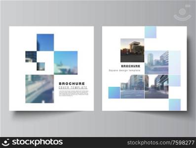 Vector layout of two square format covers design templates for brochure, flyer, magazine, cover design, book design, brochure cover. Abstract design project in geometric style with blue squares.. Vector layout of two square format covers templates for brochure, flyer, magazine, cover design, book design, brochure cover. Abstract design project in geometric style with blue squares.