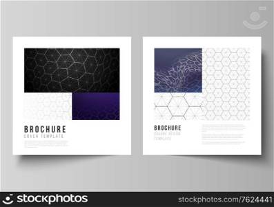 Vector layout of two square format covers design templates for brochure, flyer. Digital technology and big data concept with hexagons, connecting dots and lines, polygonal science medical background. Vector layout of two square format covers design templates for brochure, flyer. Digital technology and big data concept with hexagons, connecting dots and lines, polygonal science medical background.