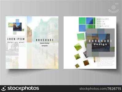 Vector layout of two square format covers design templates for brochure, flyer, magazine, cover design, book design, brochure cover. Abstract project with clipping mask green squares for your photo. Vector layout of two square format covers design templates for brochure, flyer, magazine, cover design, book design, brochure cover. Abstract project with clipping mask green squares for your photo.