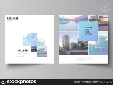 Vector layout of two square format covers design templates for brochure, flyer, magazine, cover design, book design, brochure cover. Abstract design project in geometric style with blue squares.. Vector layout of two square format covers templates for brochure, flyer, magazine, cover design, book design, brochure cover. Abstract design project in geometric style with blue squares.