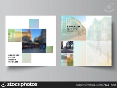Vector layout of two square format covers design templates for brochure, flyer, magazine, cover design, book design, brochure cover. Abstract project with clipping mask green squares for your photo. Vector layout of two square format covers design templates for brochure, flyer, magazine, cover design, book design, brochure cover. Abstract project with clipping mask green squares for your photo.