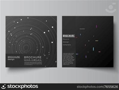 Vector layout of two square format covers design templates for brochure, flyer, magazine, cover design, book design, brochure cover. Tech science future background, space astronomy concept. Vector layout of two square format covers design templates for brochure, flyer, magazine, cover design, book design, brochure cover. Tech science future background, space astronomy concept.