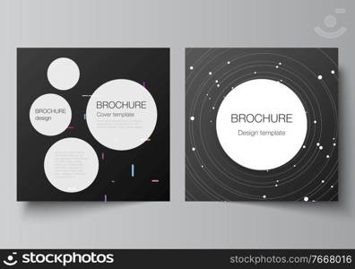 Vector layout of two square format covers design templates for brochure, flyer, magazine, cover design, book design, brochure cover. Tech science future background, space astronomy concept. Vector layout of two square format covers design templates for brochure, flyer, magazine, cover design, book design, brochure cover. Tech science future background, space astronomy concept.