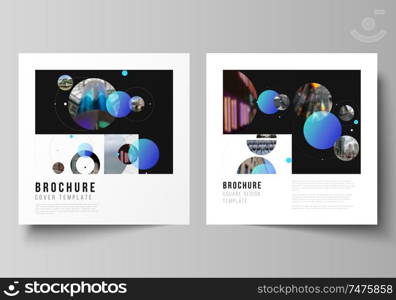 Vector layout of two square format covers design templates for brochure, flyer, magazine.Simple design futuristic concept. Creative background with circles and round shapes that form planets and stars.. Vector layout of two square format covers design templates for brochure, flyer, magazine.Simple design futuristic concept. Creative background with circles and round shapes that form planets and stars