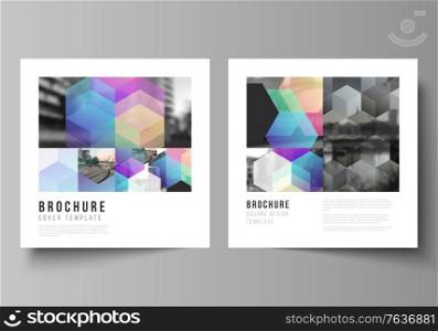 Vector layout of two square format covers design templates with abstract shapes and colors for brochure, flyer, magazine, cover design, book design, brochure cover. Vector layout of two square format covers design templates with abstract shapes and colors for brochure, flyer, magazine, cover design, book design, brochure cover.