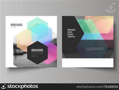 Vector layout of two square format covers design templates with colorful hexagons, geometric shapes, tech background for brochure, flyer, magazine, cover design, book design, brochure cover. Vector layout of two square format covers design templates with colorful hexagons, geometric shapes, tech background for brochure, flyer, magazine, cover design, book design, brochure cover.
