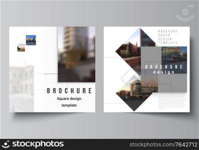 Vector layout of two square format covers design templates with geometric simple shapes, lines and photo place for brochure, flyer, magazine, cover design, book, brochure cover. Vector layout of two square format covers design templates with geometric simple shapes, lines and photo place for brochure, flyer, magazine, cover design, book, brochure cover.