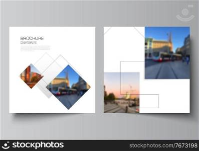 Vector layout of two square format covers design templates with geometric simple shapes, lines and photo place for brochure, flyer, magazine, cover design, book, brochure cover. Vector layout of two square format covers design templates with geometric simple shapes, lines and photo place for brochure, flyer, magazine, cover design, book, brochure cover.