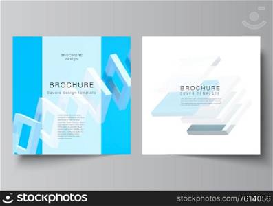 Vector layout of two square format covers templates for brochure, flyer, cover design, book design, brochure cover. 3d render vector composition with dynamic realistic geometric blue shapes in motion. Vector layout of two square format covers templates for brochure, flyer, cover design, book design, brochure cover. 3d render vector composition with dynamic realistic geometric blue shapes in motion.