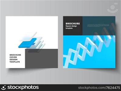 Vector layout of two square format covers templates for brochure, flyer, cover design, book design, brochure cover. 3d render vector composition with dynamic realistic geometric blue shapes in motion. Vector layout of two square format covers templates for brochure, flyer, cover design, book design, brochure cover. 3d render vector composition with dynamic realistic geometric blue shapes in motion.