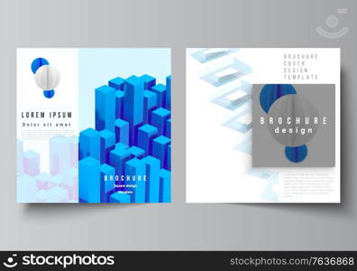 Vector layout of two square format covers templates for brochure, flyer, cover design, book design, brochure cover. 3d render vector composition with dynamic realistic geometric blue shapes in motion. Vector layout of two square format covers templates for brochure, flyer, cover design, book design, brochure cover. 3d render vector composition with dynamic realistic geometric blue shapes in motion.