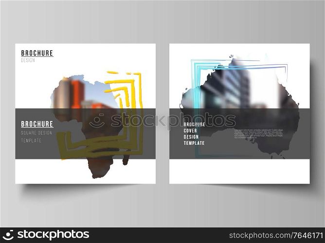 Vector layout of two square format covers templates for brochure, flyer, cover design, book design, brochure cover. Design template in the form of world maps and colored frames, insert your photo. Vector layout of two square format covers templates for brochure, flyer, cover design, book design, brochure cover. Design template in the form of world maps and colored frames, insert your photo.