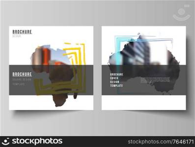 Vector layout of two square format covers templates for brochure, flyer, cover design, book design, brochure cover. Design template in the form of world maps and colored frames, insert your photo. Vector layout of two square format covers templates for brochure, flyer, cover design, book design, brochure cover. Design template in the form of world maps and colored frames, insert your photo.