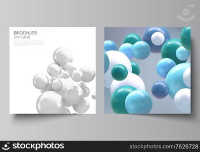 Vector layout of two square format covers templates for brochure, flyer, magazine, cover design, book design, brochure cover. Realistic vector background with multicolored 3d spheres, bubbles, balls. Vector layout of two square format covers templates for brochure, flyer, magazine, cover design, book design, brochure cover. Realistic vector background with multicolored 3d spheres, bubbles, balls.