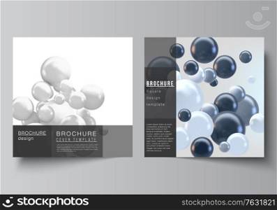 Vector layout of two square format covers templates for brochure, flyer, magazine, cover design, book design, brochure cover. Realistic vector background with multicolored 3d spheres, bubbles, balls. Vector layout of two square format covers templates for brochure, flyer, magazine, cover design, book design, brochure cover. Realistic vector background with multicolored 3d spheres, bubbles, balls.