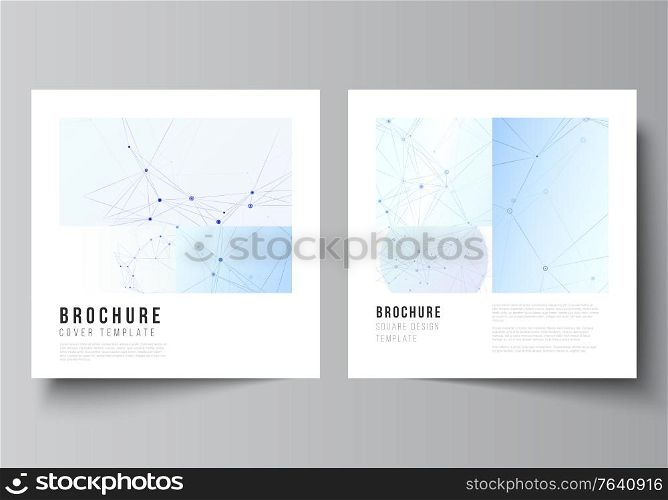 Vector layout of two square format covers templates for brochure, flyer, magazine, cover design, book design, brochure cover. Blue medical background with connecting lines and dots, plexus. Vector layout of two square format covers templates for brochure, flyer, magazine, cover design, book design, brochure cover. Blue medical background with connecting lines and dots, plexus.