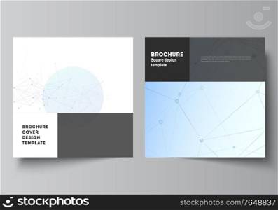 Vector layout of two square format covers templates for brochure, flyer, magazine, cover design, book design, brochure cover. Blue medical background with connecting lines and dots, plexus. Vector layout of two square format covers templates for brochure, flyer, magazine, cover design, book design, brochure cover. Blue medical background with connecting lines and dots, plexus.