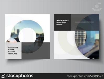 Vector layout of two square format covers templates for brochure, flyer, magazine, cover design, book design, brochure cover. Background template with rounds, circles for IT, technology. Minimal style.. Vector layout of two square format covers templates for brochure, flyer, magazine, cover design, book design, brochure cover. Background template with rounds, circles for IT, technology. Minimal style