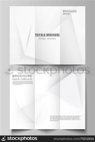 Vector layouts of covers design templates for trifold brochure, flyer layout, book design, brochure cover, advertising mockups. Halftone dotted background with gray dots, abstract gradient background. Vector layouts of covers design templates for trifold brochure, flyer layout, book design, brochure cover, advertising mockups. Halftone dotted background with gray dots, abstract gradient background.
