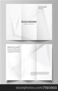 Vector layouts of covers design templates for trifold brochure, flyer layout, book design, brochure cover, advertising mockups. Halftone dotted background with gray dots, abstract gradient background. Vector layouts of covers design templates for trifold brochure, flyer layout, book design, brochure cover, advertising mockups. Halftone dotted background with gray dots, abstract gradient background.