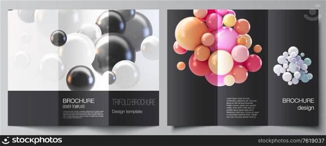 Vector layouts of covers design templates for trifold brochure, flyer layout, book design, brochure cover, advertising. Abstract futuristic background with colorful 3d spheres, glossy bubbles, balls. Vector layouts of covers design templates for trifold brochure, flyer layout, book design, brochure cover, advertising. Abstract futuristic background with colorful 3d spheres, glossy bubbles, balls.