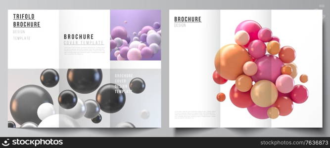 Vector layouts of covers design templates for trifold brochure, flyer layout, book design, brochure cover, advertising. Abstract futuristic background with colorful 3d spheres, glossy bubbles, balls. Vector layouts of covers design templates for trifold brochure, flyer layout, book design, brochure cover, advertising. Abstract futuristic background with colorful 3d spheres, glossy bubbles, balls.