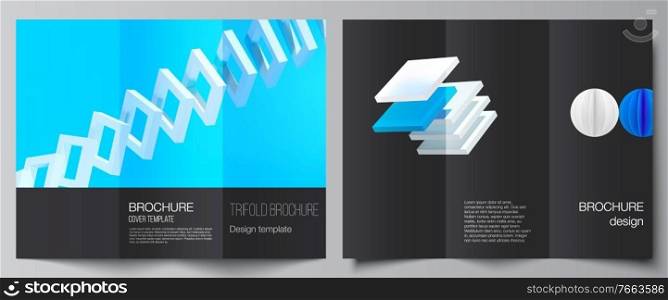 Vector layouts of covers design templates for trifold brochure, flyer layout, brochure cover, advertising. 3d render vector composition with dynamic realistic geometric blue shapes in motion. Vector layouts of covers design templates for trifold brochure, flyer layout, brochure cover, advertising. 3d render vector composition with dynamic realistic geometric blue shapes in motion.