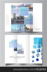 Vector layouts of covers design templates for trifold brochure, flyer layout, magazine, book design, brochure cover, advertising mockups. Abstract design project in geometric style with blue squares. Vector layouts of covers design templates for trifold brochure, flyer layout, magazine, book design, brochure cover, advertising mockups. Abstract design project in geometric style with blue squares.