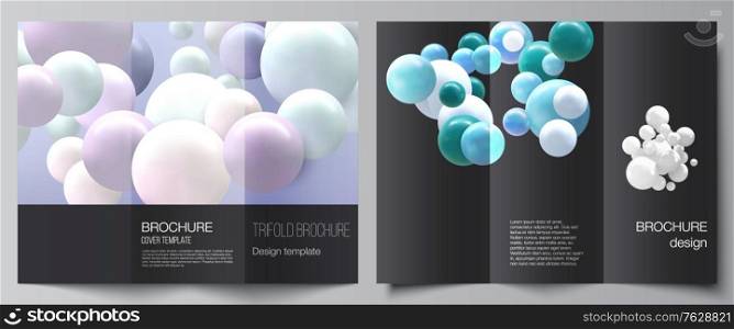 Vector layouts of covers design templates for trifold brochure, flyer layout, magazine, book design, brochure cover, advertising. Realistic background with multicolored 3d spheres, bubbles, balls. Vector layouts of covers design templates for trifold brochure, flyer layout, magazine, book design, brochure cover, advertising. Realistic background with multicolored 3d spheres, bubbles, balls.